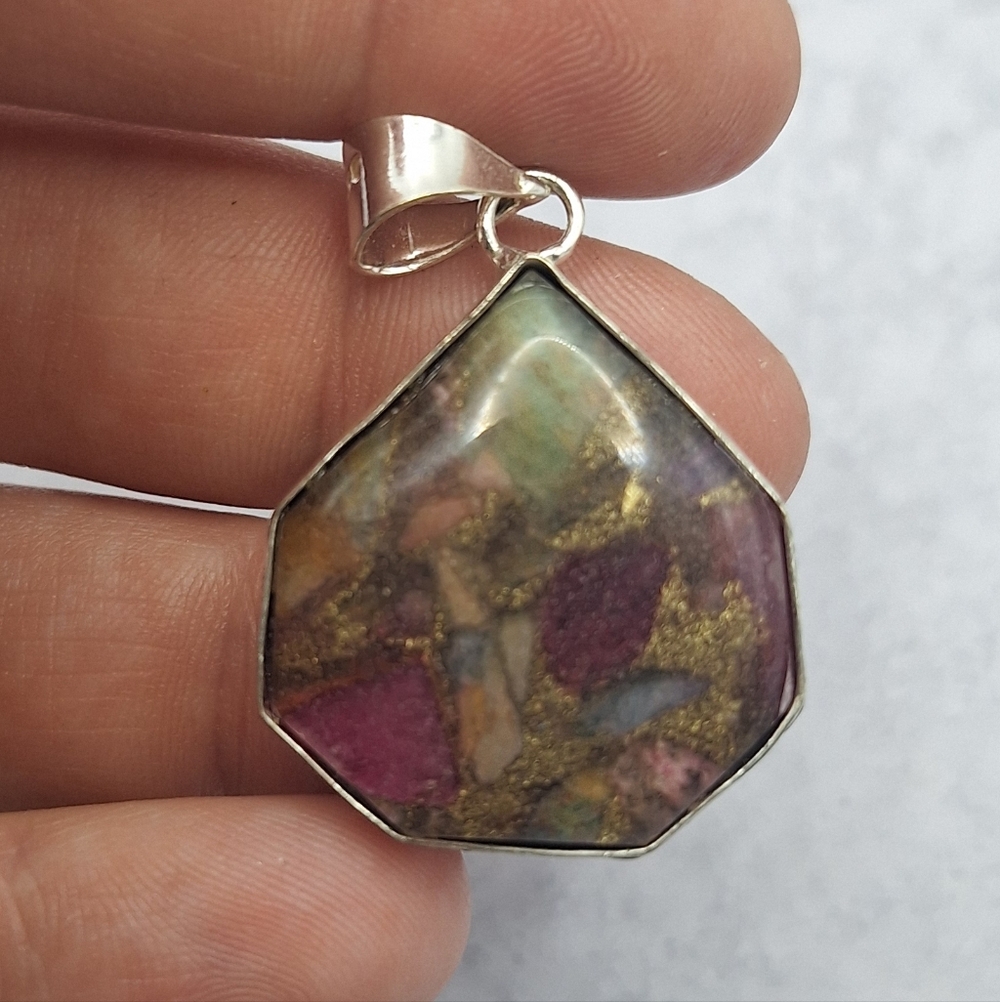 Watermelon Tourmaline Geometric Pendant 925 Silver Plated Handmade 1.42" - Picture 4 of 7